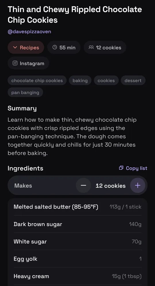 A recipe card in Munvi: the chocolate chip cookies by @davespizzaoven, with a summary and ingredients in grams