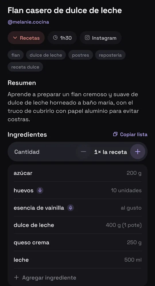 Ficha de receta en Munvi: el flan de @melanie.cocina, con resumen e ingredientes con cantidades