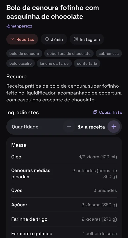 Ficha de receita no Munvi: o bolo de cenoura de @mahperezz, com resumo e ingredientes com quantidade