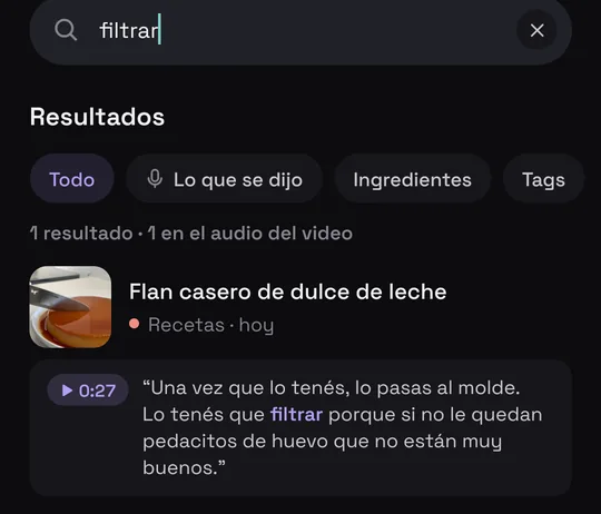 Búsqueda de “filtrar” en Munvi: encuentra el flan por la línea dicha en 0:27