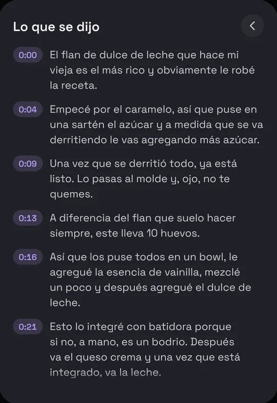 Lo que se dijo en un Reel de flan, anotado por Munvi con el minuto de cada línea
