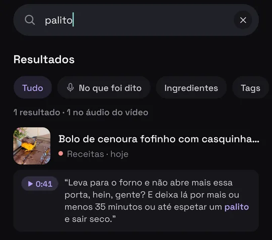 Busca por “palito” no Munvi: acha o bolo de cenoura pelo trecho dito em 0:41