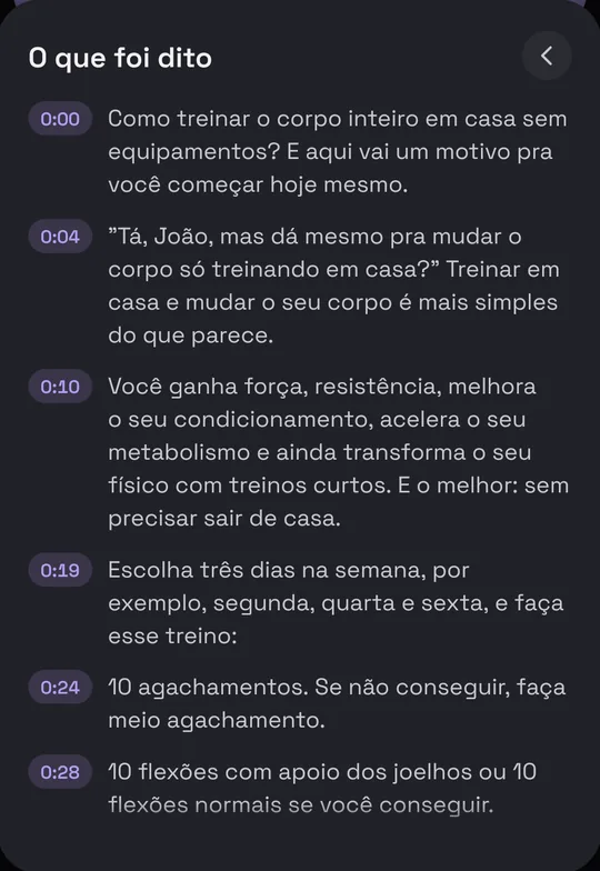 O que foi dito num Reel de treino, anotado pelo Munvi com o minuto de cada trecho