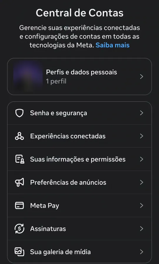 A Central de Contas do Instagram, com a opção Suas informações e permissões