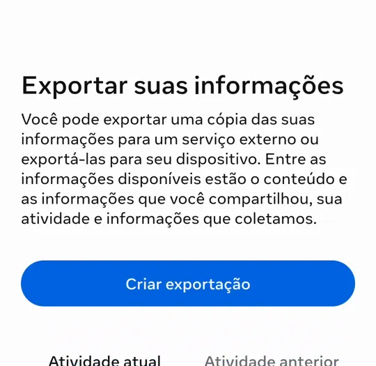 A tela Exportar suas informações, com o botão Criar exportação