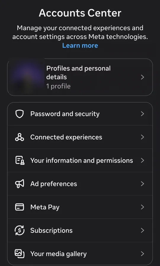 Instagram’s Accounts Center, with Your information and permissions