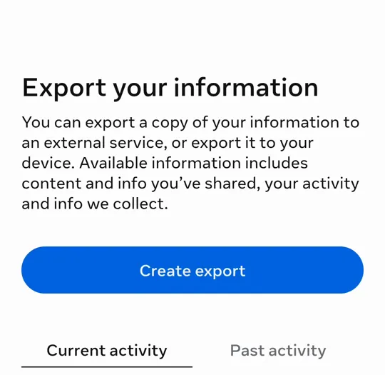 Export your information, with the Create export button