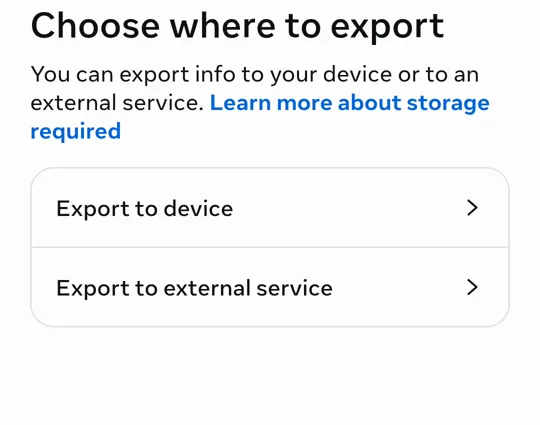 The choice between Export to device and Export to external service