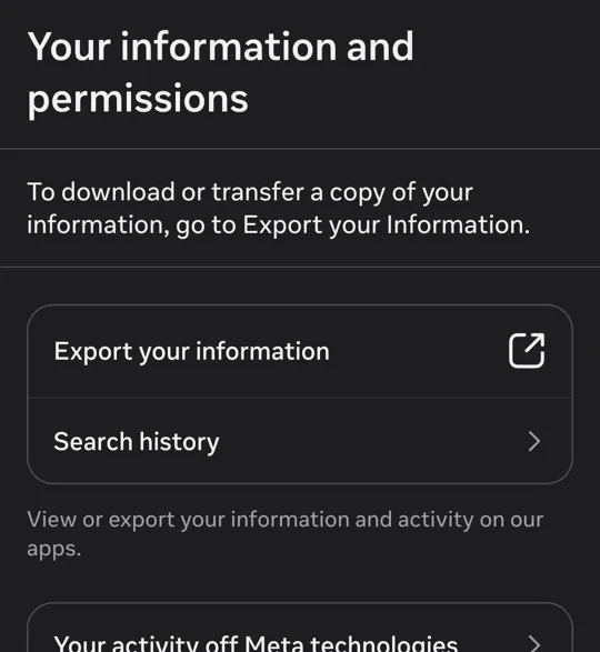 Your information and permissions, with Export your information at the top
