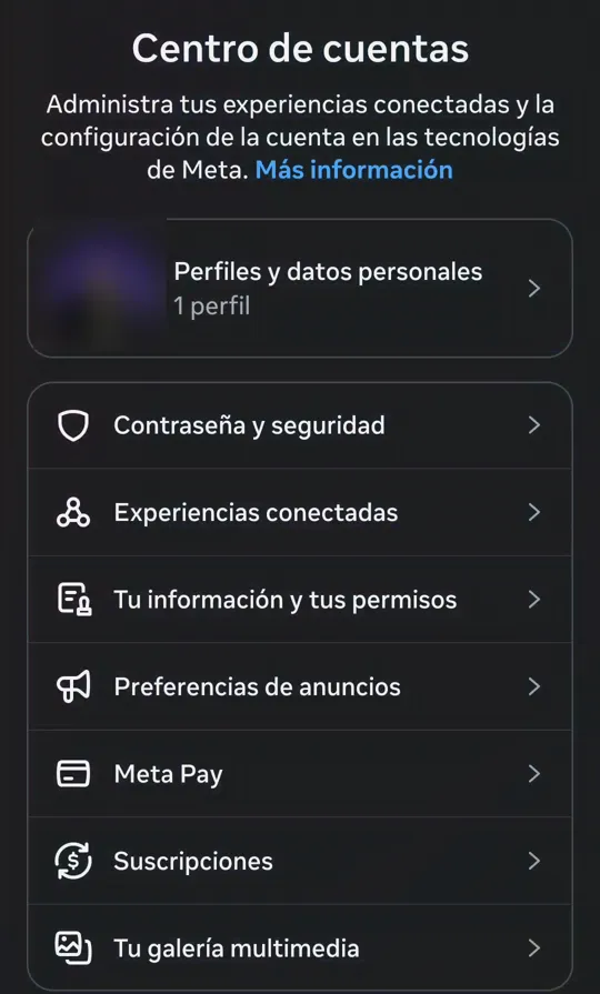 El Centro de cuentas de Instagram, con Tu información y tus permisos