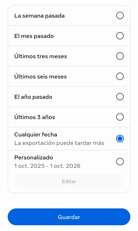 El intervalo de fechas con Cualquier fecha marcado