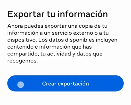 Exportar tu información, con el botón Crear exportación