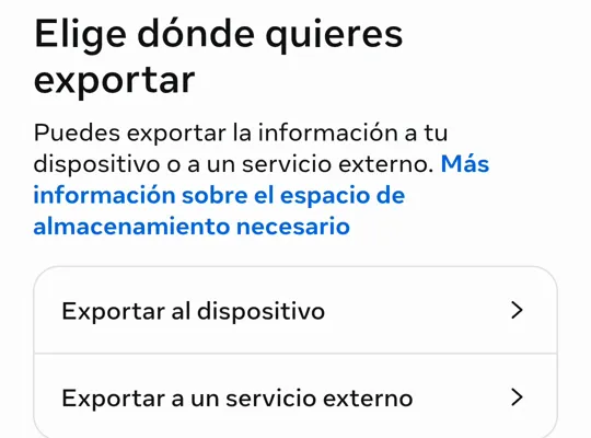 La elección entre Exportar al dispositivo y Exportar a un servicio externo