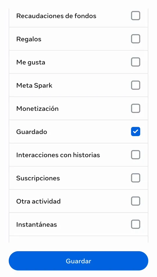La lista de información con solo Guardado marcado