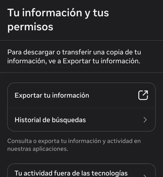 Tu información y tus permisos, con Exportar tu información arriba