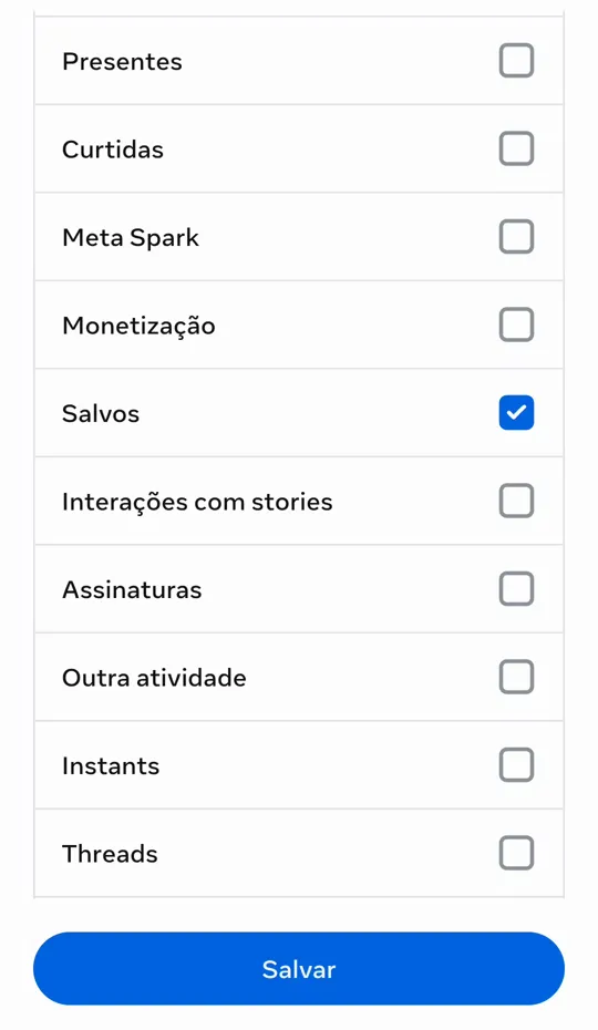 A lista de informações com só Salvos marcado