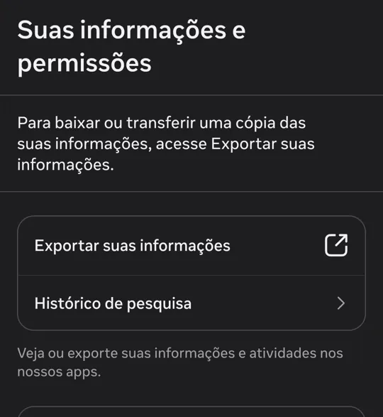 A tela Suas informações e permissões, com Exportar suas informações no topo