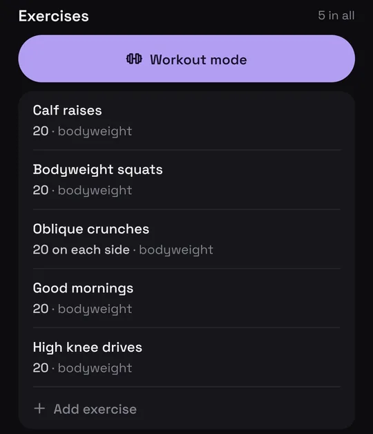 A workout Reel by @b.palmer_ as a card in Munvi, with each exercise and its reps