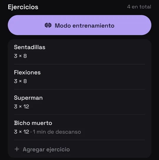Un Reel de entrenamiento de @dimitrhix como ficha en Munvi, con cada ejercicio, series y descanso