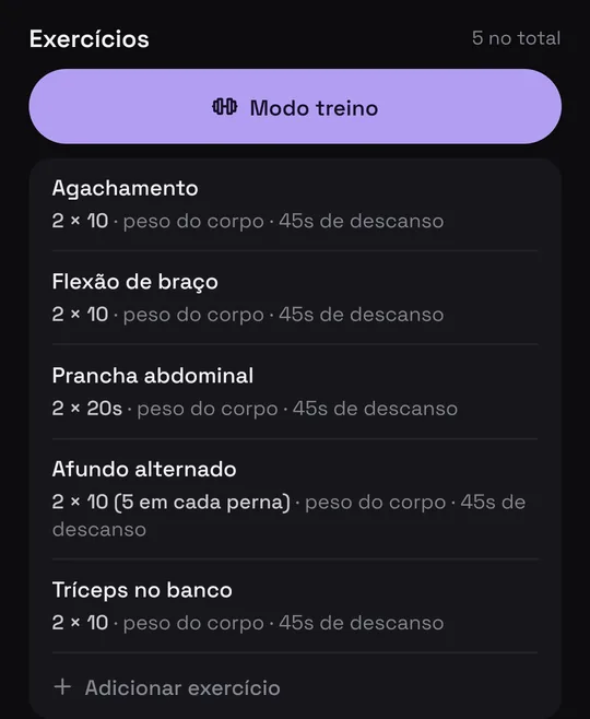 Um Reel de treino de @joaogabrieler como ficha no Munvi, com cada exercício, séries e descanso